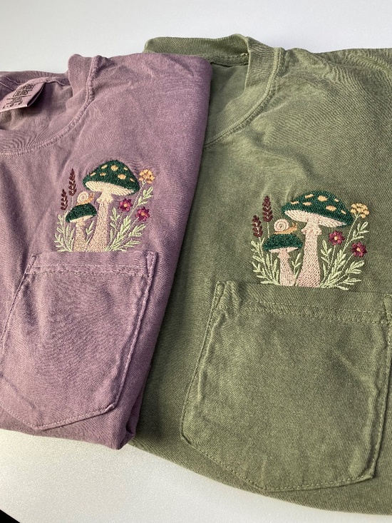 Comfort Colors Tops - Embroidered cotton comfort colors mushroom and snail pocket tshirt
